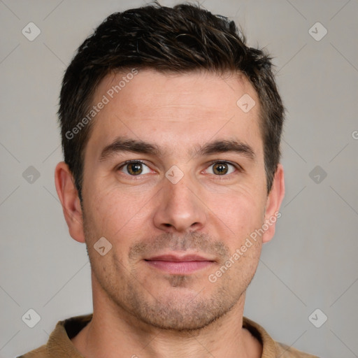 Joyful white young-adult male with short  brown hair and brown eyes