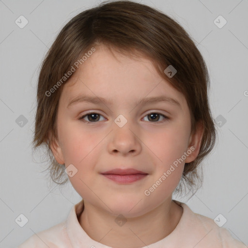 Joyful white child female with medium  brown hair and brown eyes