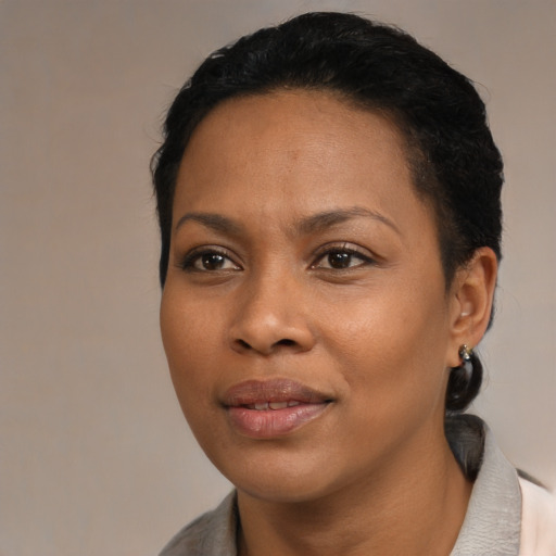 Joyful black young-adult female with medium  black hair and brown eyes