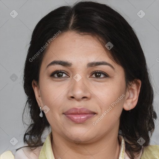 Joyful latino young-adult female with medium  brown hair and brown eyes