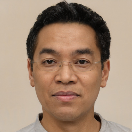 Joyful latino adult male with short  black hair and brown eyes