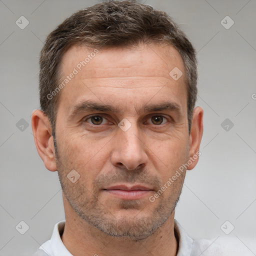 Neutral white adult male with short  brown hair and brown eyes