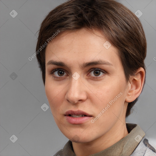 Neutral white young-adult female with short  brown hair and brown eyes