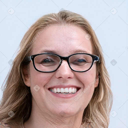 Joyful white adult female with long  brown hair and blue eyes