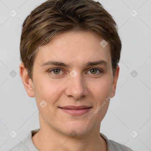 Joyful white young-adult female with short  brown hair and grey eyes