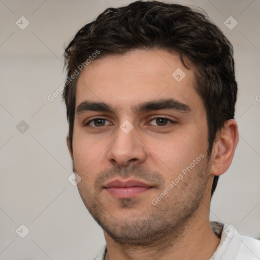 Neutral white young-adult male with short  brown hair and brown eyes