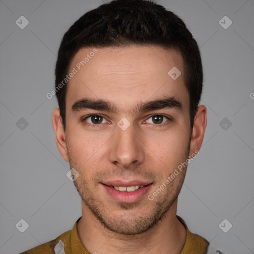 Joyful white young-adult male with short  brown hair and brown eyes