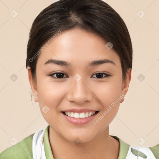 Joyful white young-adult female with medium  brown hair and brown eyes