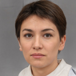 Neutral white young-adult female with short  brown hair and brown eyes