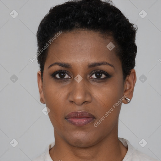 Neutral black young-adult female with short  black hair and brown eyes