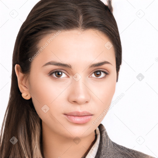 Neutral white young-adult female with long  brown hair and brown eyes