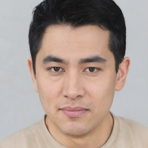 Neutral asian young-adult male with short  black hair and brown eyes