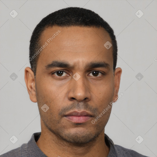 Neutral latino young-adult male with short  black hair and brown eyes