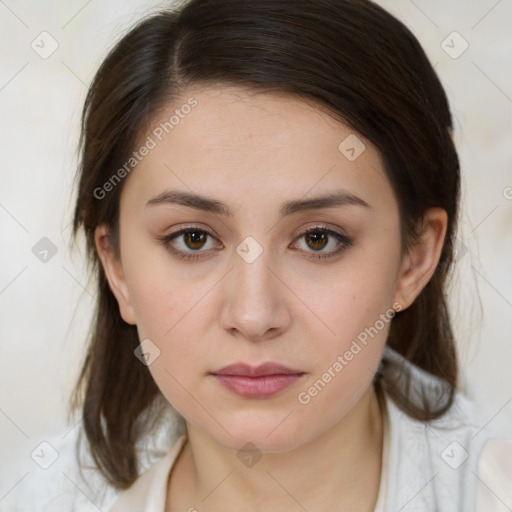 Neutral white young-adult female with medium  brown hair and brown eyes