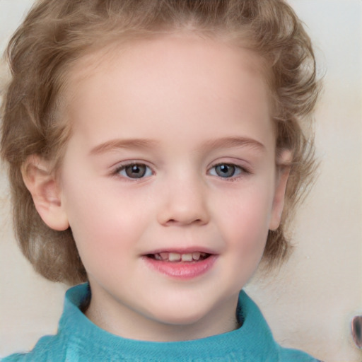 Joyful white child female with medium  brown hair and grey eyes