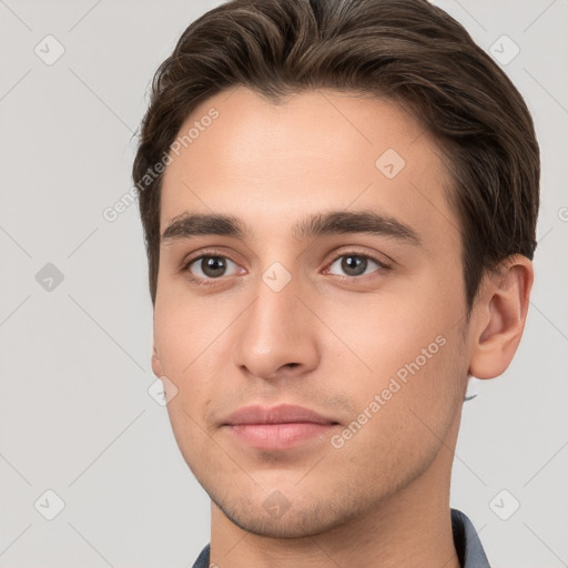 Neutral white young-adult male with short  brown hair and brown eyes