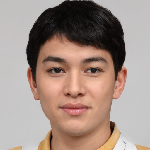 Neutral asian young-adult male with short  brown hair and brown eyes