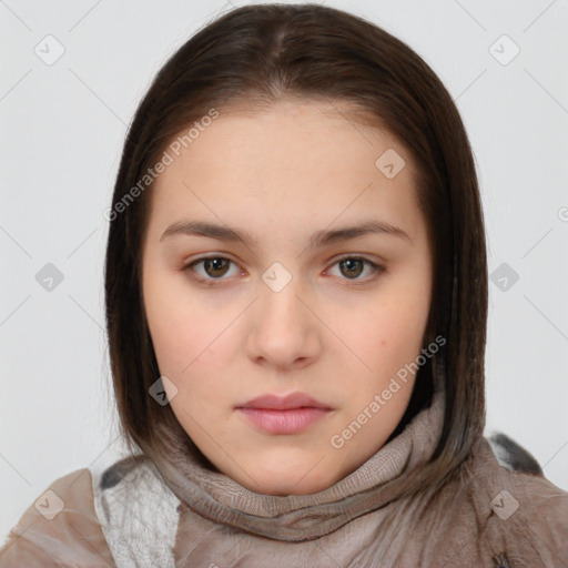 Neutral white young-adult female with long  brown hair and brown eyes