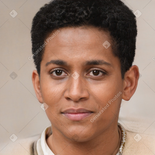 Joyful black young-adult male with short  brown hair and brown eyes