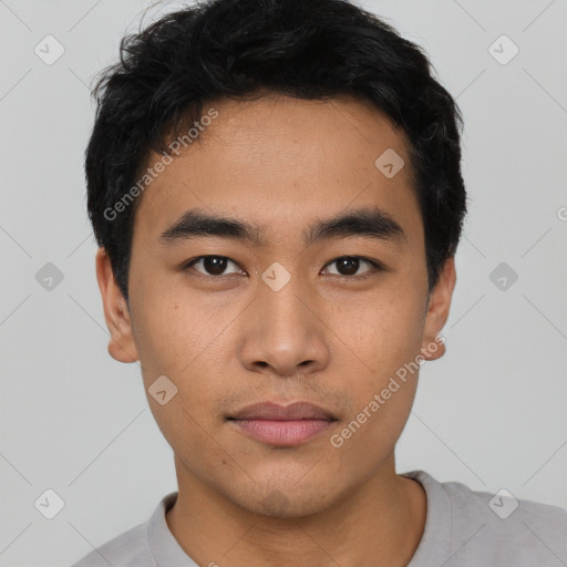 Neutral asian young-adult male with short  black hair and brown eyes