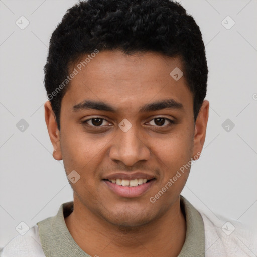 Joyful latino young-adult male with short  brown hair and brown eyes