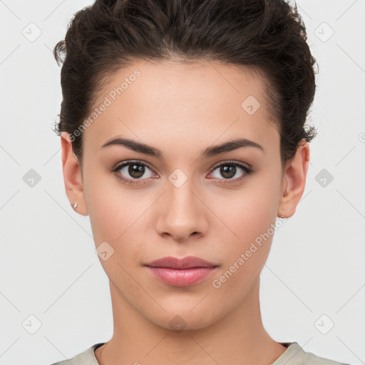 Neutral white young-adult female with short  brown hair and brown eyes