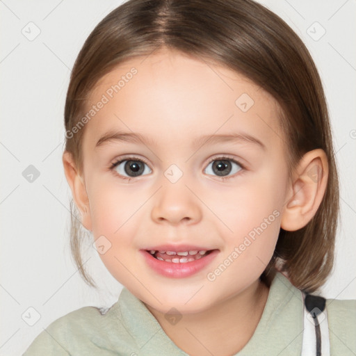 Joyful white child female with medium  brown hair and brown eyes