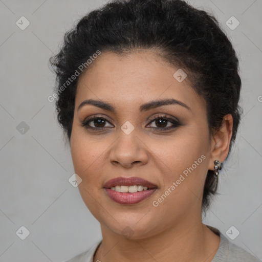 Joyful latino young-adult female with short  brown hair and brown eyes