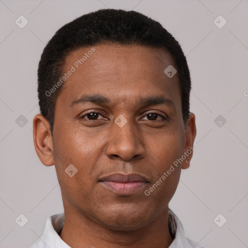 Neutral black adult male with short  brown hair and brown eyes