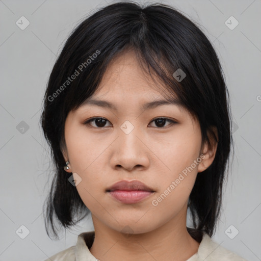 Neutral asian young-adult female with medium  black hair and brown eyes