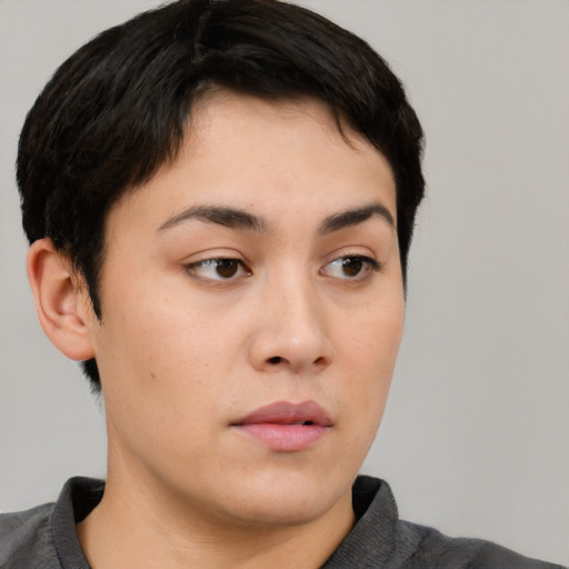 Neutral asian young-adult female with short  brown hair and brown eyes