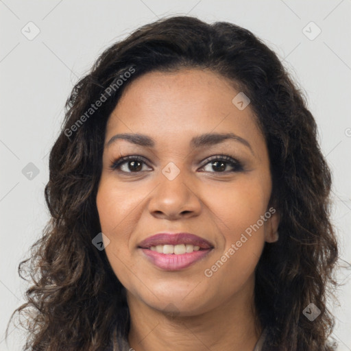 Joyful latino young-adult female with long  brown hair and brown eyes