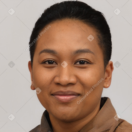 Joyful latino young-adult female with short  black hair and brown eyes