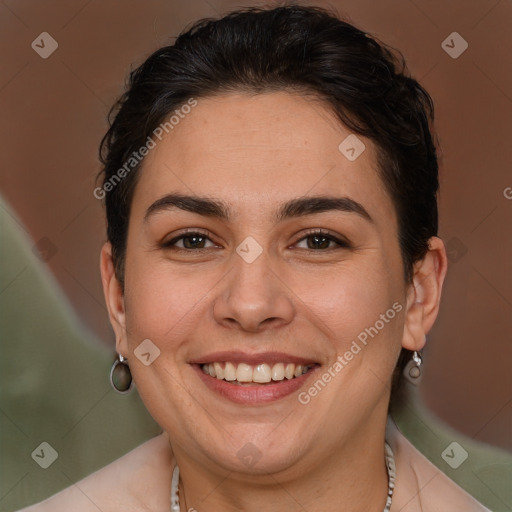 Joyful white adult female with short  brown hair and brown eyes