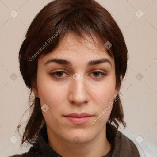 Neutral white young-adult female with medium  brown hair and brown eyes