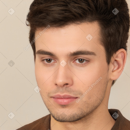 Neutral white young-adult male with short  brown hair and brown eyes