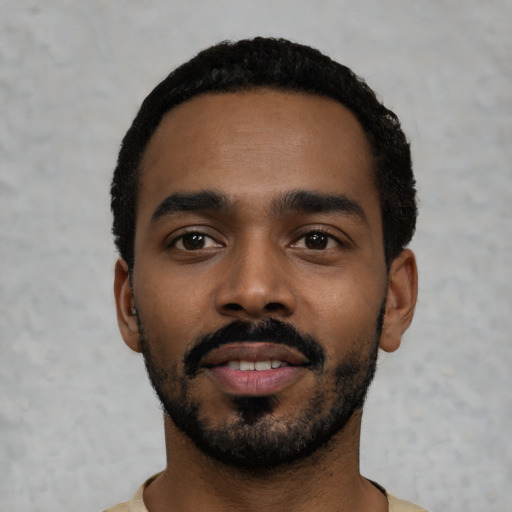 Neutral black young-adult male with short  black hair and brown eyes