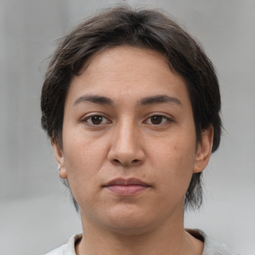 Neutral white young-adult female with medium  brown hair and brown eyes