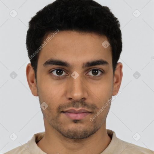 Neutral latino young-adult male with short  black hair and brown eyes