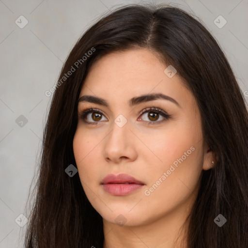 Neutral white young-adult female with long  brown hair and brown eyes