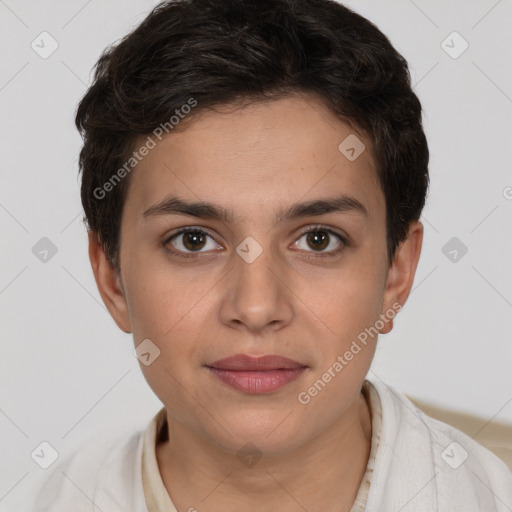 Joyful white young-adult female with short  brown hair and brown eyes