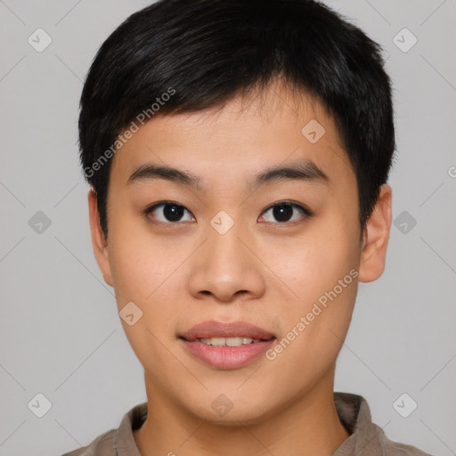 Joyful asian young-adult male with short  black hair and brown eyes