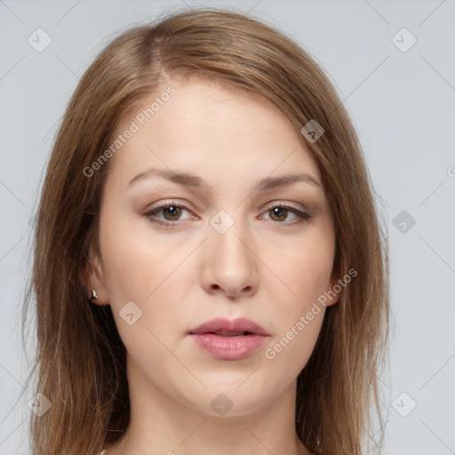 Neutral white young-adult female with long  brown hair and brown eyes