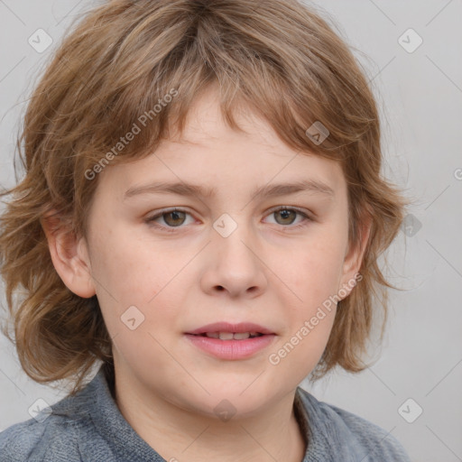 Joyful white child female with medium  brown hair and blue eyes