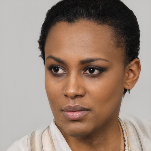 Neutral black young-adult female with short  black hair and brown eyes