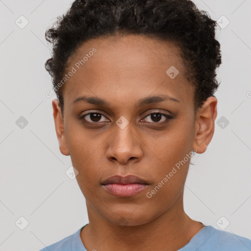 Neutral black young-adult female with short  brown hair and brown eyes