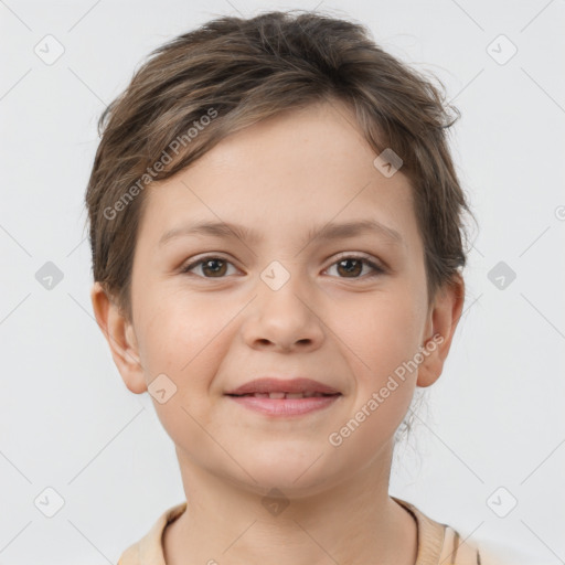 Joyful white child female with short  brown hair and brown eyes