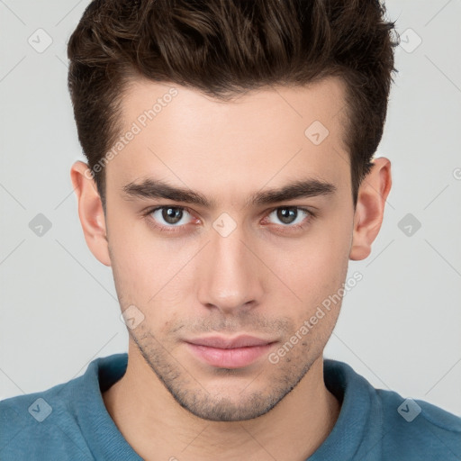 Neutral white young-adult male with short  brown hair and brown eyes