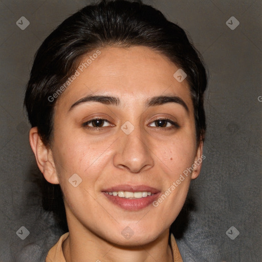 Joyful white young-adult female with medium  brown hair and brown eyes