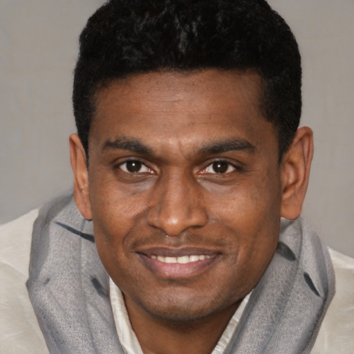 Joyful black young-adult male with short  brown hair and brown eyes